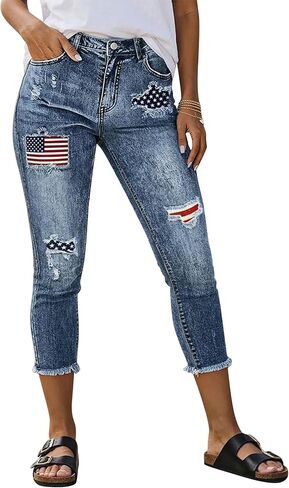 Flamingals Mid Rise Capri Skinny Jeans for Women Wash Crop American Flag Pattern Ripped Raw Hem Casual Denim Jeans in Kuwait