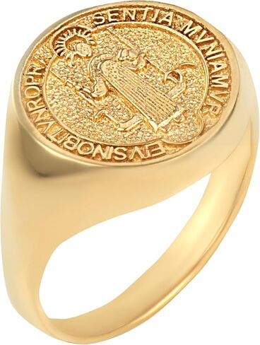 10K Yellow, White, and Rose Gold San Benito St Benedict Exorcism Ring Catholic Roman Protection Signet Ring - Choice of Ring Size in Kuwait