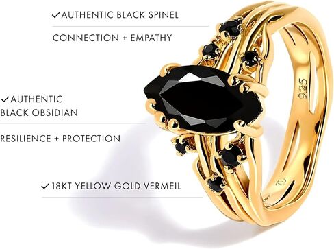 Moon Magic Authentic Black Obsidian Rings for Women | Real Natural Onyx, Labradorite Gem Stone Rings | 925 Sterling Silver | 18k Rose and Yellow Gold Black Crystal Rings | Genuine Gemstone Jewelry in Saudi Arabia