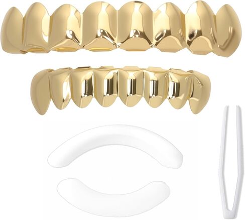 Grillz street Hip Hop personality Gold Shiny 18K gold-plated Copper teeth Grillz for Men and Women Grills Daily wear Halloween and Party Unise (Golden) in Saudi Arabia