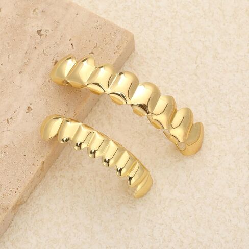 Grillz street Hip Hop personality Gold Shiny 18K gold-plated Copper teeth Grillz for Men and Women Grills Daily wear Halloween and Party Unise (Golden) in Saudi Arabia
