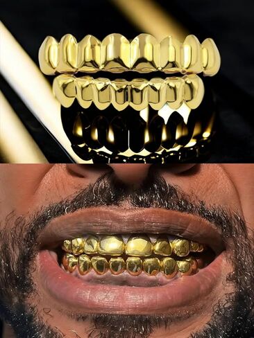 Grillz street Hip Hop personality Gold Shiny 18K gold-plated Copper teeth Grillz for Men and Women Grills Daily wear Halloween and Party Unise (Golden) in Saudi Arabia