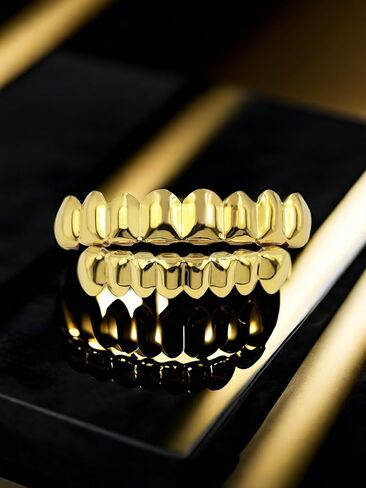 Grillz street Hip Hop personality Gold Shiny 18K gold-plated Copper teeth Grillz for Men and Women Grills Daily wear Halloween and Party Unise (Golden) in Saudi Arabia