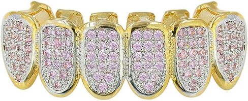 canjoyn 18K Gold Plated All Iced Out Pink CZ Teeth Grillz for Women with Extra Molding Bars in Kuwait