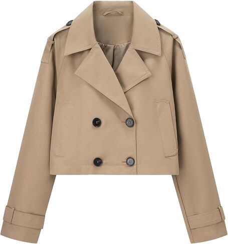 Women's Cropped Trench Coat Double Breasted Collared V Neck Button Down Long Sleeve Outfits Coat in Saudi Arabia