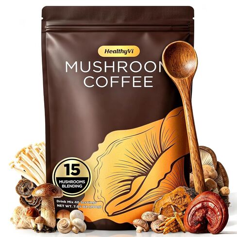Mushroom Coffee with 15 Natural Mushrooms, Medium Roast Coffee With KSM-66 Ashwagandha & L-theanine Boosts Focus, Immunity, Energy, Mood & Gut Health, Arabica Instant Coffee, Vegan, 40 Servings in Saudi Arabia