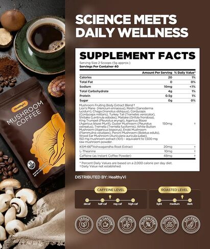 Mushroom Coffee with 15 Natural Mushrooms, Medium Roast Coffee With KSM-66 Ashwagandha & L-theanine Boosts Focus, Immunity, Energy, Mood & Gut Health, Arabica Instant Coffee, Vegan, 40 Servings in Saudi Arabia