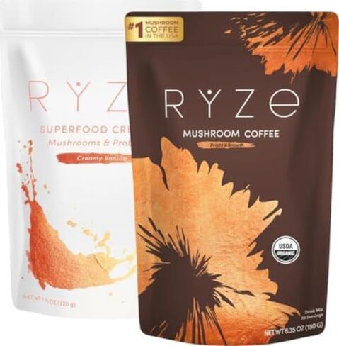RYZE SUPERFOODS RYZE n Shine Bundle, USDA Organic Mushroom Medium Roast Coffee + Probiotic Coffee Creamer with 6 Adaptogenic Mushrooms for Better Energy, Focus, Digestion, Immunity, 30 + 30 Servings in Saudi Arabia