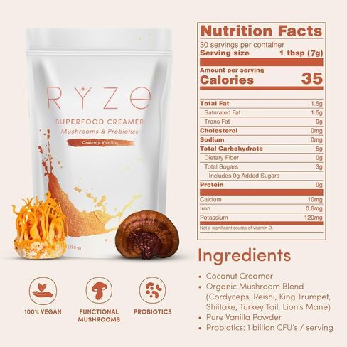 RYZE SUPERFOODS RYZE n Shine Bundle, USDA Organic Mushroom Medium Roast Coffee + Probiotic Coffee Creamer with 6 Adaptogenic Mushrooms for Better Energy, Focus, Digestion, Immunity, 30 + 30 Servings in Kuwait