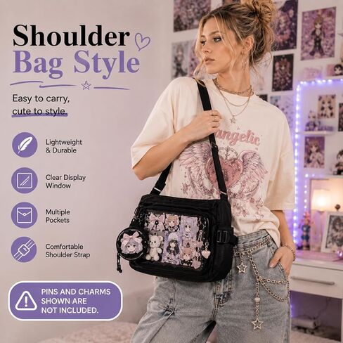 Ita Messenger Bag, Nylon Cute Pin Display Crossbody Bags Handbags Kawaii Shoulder Purse in Kuwait