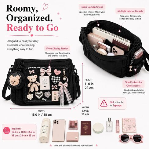 Ita Messenger Bag, Nylon Cute Pin Display Crossbody Bags Handbags Kawaii Shoulder Purse in Kuwait