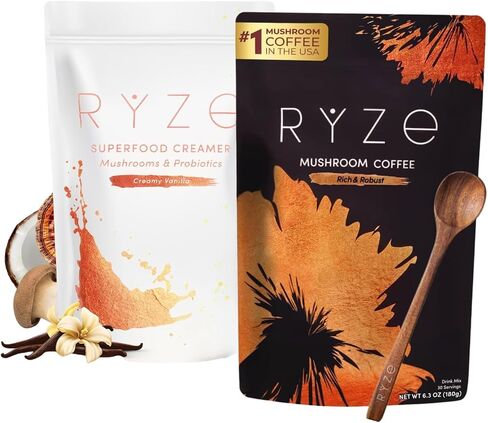 RYZE SUPERFOODS RYZE n Shine Bundle, USDA Organic Mushroom Medium Roast Coffee + Probiotic Coffee Creamer with 6 Adaptogenic Mushrooms for Better Energy, Focus, Digestion, Immunity, 30 + 30 Servings in Kuwait
