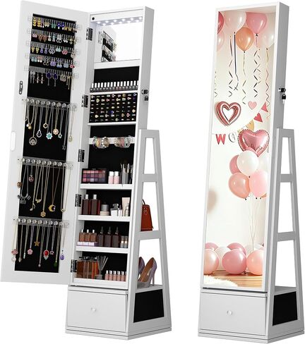 Jewelry Cabinet with Drawer, 5-In-1 Standing Jewelry Armoire with LED Lights, 360° Swivel Jewelry Organizer with Full Length Mirror, White in Saudi Arabia