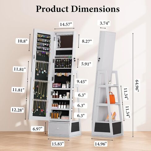 Jewelry Cabinet with Drawer, 5-In-1 Standing Jewelry Armoire with LED Lights, 360° Swivel Jewelry Organizer with Full Length Mirror, White in Saudi Arabia