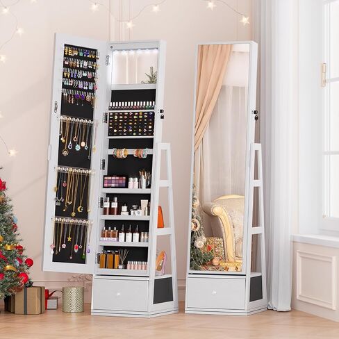 Jewelry Cabinet with Drawer, 5-In-1 Standing Jewelry Armoire with LED Lights, 360° Swivel Jewelry Organizer with Full Length Mirror, White in Saudi Arabia