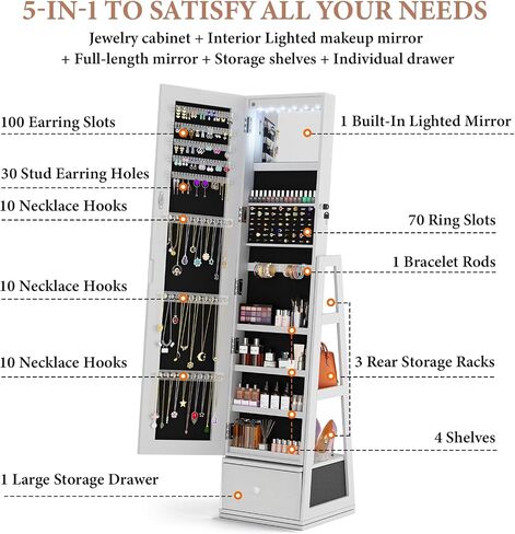 Jewelry Cabinet with Drawer, 5-In-1 Standing Jewelry Armoire with LED Lights, 360° Swivel Jewelry Organizer with Full Length Mirror, White in Saudi Arabia