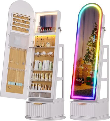 Dystler Arched Jewelry Cabinet with RGB Full-Length Mirror, 360° Swivel Standing Jewelry Armoire with Shelves & Drawer, Lockable Jewelry Organizers and Storage with Remote Control, Black in Saudi Arabia