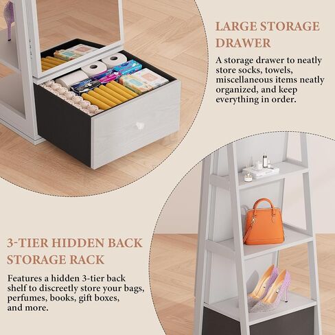 Jewelry Cabinet with Drawer, 5-In-1 Standing Jewelry Armoire with LED Lights, 360° Swivel Jewelry Organizer with Full Length Mirror, White in Saudi Arabia