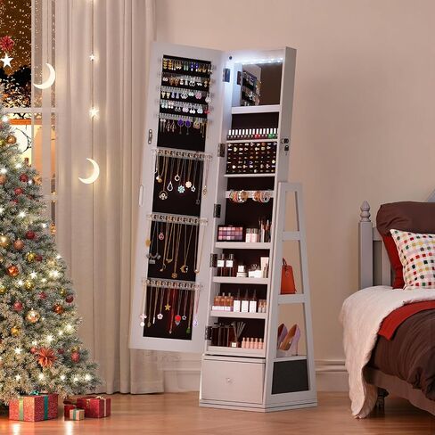 Jewelry Cabinet with Drawer, 5-In-1 Standing Jewelry Armoire with LED Lights, 360° Swivel Jewelry Organizer with Full Length Mirror, White in Saudi Arabia