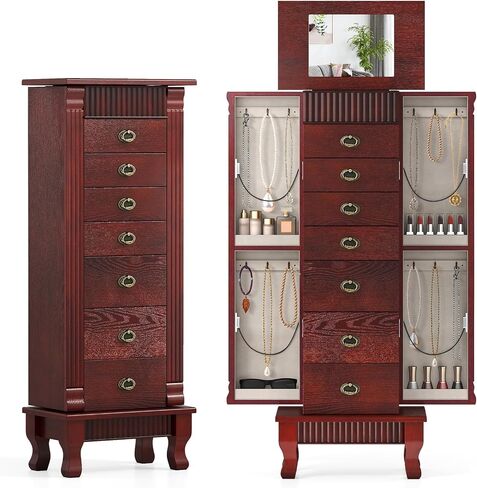DREAMADE Jewelry Armoire, Standing Jewelry Box with Mirror, 7 Drawers, Flip Top Organizer, 2 Side Doors & Anti-Toppling Device, Large Wooden Jewelry Cabinet for Bedroom (Brown) in Saudi Arabia