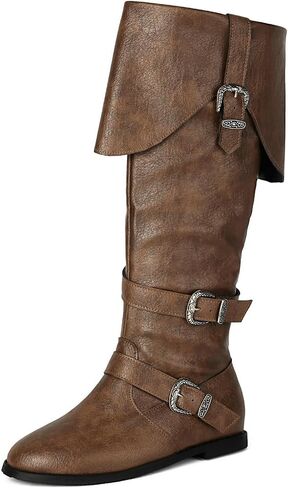 Betastella Womens Pirate Costume Boots Medieval Renaissance Knee High Flat Boots Buckle Vintage Halloween Cosplay Shoes in Saudi Arabia