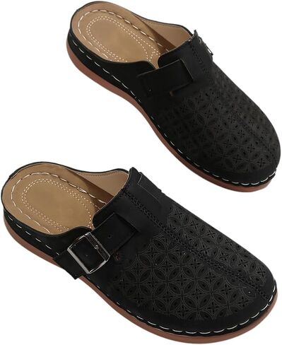 Women's Perforated Leather Clogs, Slip-On Mules with Buckle, Brown in Kuwait