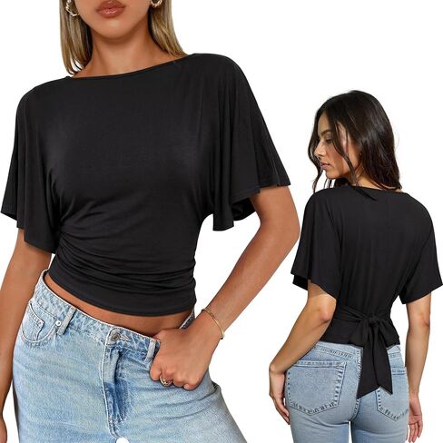 Women's Flutter Sleeve Cinched Tops Wrap Tie Back Waist Blouse Boat Neck Flattering Elegant Ruched Fitted Summer Casual Shirt in Saudi Arabia