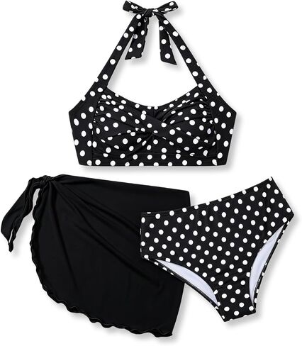Size 10-17Y Teen Girl's 3 Piece Swimsuits Polka Dot Halter Neck Bikini Set Bathing Suit with Mesh Coverups Skirt in Saudi Arabia