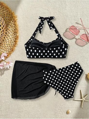 Size 10-17Y Teen Girl's 3 Piece Swimsuits Polka Dot Halter Neck Bikini Set Bathing Suit with Mesh Coverups Skirt in Saudi Arabia