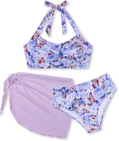 Size 10-17Y Teen Girl's 3 Piece Swimsuits Polka Dot Halter Neck Bikini Set Bathing Suit with Mesh Coverups Skirt in Saudi Arabia