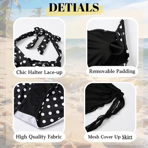 Size 10-17Y Teen Girl's 3 Piece Swimsuits Polka Dot Halter Neck Bikini Set Bathing Suit with Mesh Coverups Skirt in Saudi Arabia