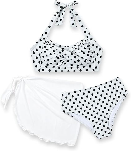 Size 10-17Y Teen Girl's 3 Piece Swimsuits Polka Dot Halter Neck Bikini Set Bathing Suit with Mesh Coverups Skirt in Saudi Arabia