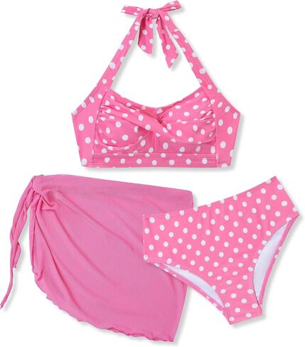 Size 10-17Y Teen Girl's 3 Piece Swimsuits Polka Dot Halter Neck Bikini Set Bathing Suit with Mesh Coverups Skirt in Saudi Arabia