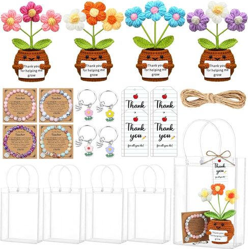 Wavwavw 4 Sets Teacher Appreciation Gifts Bulk Include Crochet Flower Dolls Thank You Crochet Gift Bracelets Keychains Appreciation Bags with Cards Tags End of Year Teacher Gifts(Puff Flower) in Kuwait