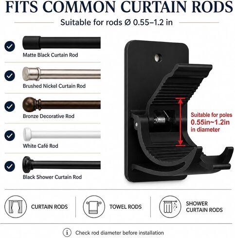 No Drill Curtain Rod Brackets 8 Pack, 20LB Heavy Duty Self Adhesive Renter Friendly Curtain Rod Holders, Curtain Rods No Drilling Black Fits 0.55-1.2 in, Apartment Dorm Bathroom RV Over Blinds in Kuwait