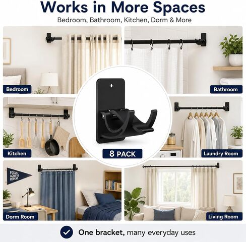 No Drill Curtain Rod Brackets 8 Pack, 20LB Heavy Duty Self Adhesive Renter Friendly Curtain Rod Holders, Curtain Rods No Drilling Black Fits 0.55-1.2 in, Apartment Dorm Bathroom RV Over Blinds in Kuwait
