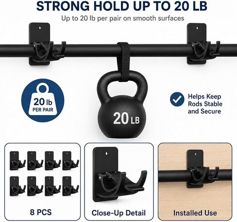 No Drill Curtain Rod Brackets 8 Pack, 20LB Heavy Duty Self Adhesive Renter Friendly Curtain Rod Holders, Curtain Rods No Drilling Black Fits 0.55-1.2 in, Apartment Dorm Bathroom RV Over Blinds in Kuwait