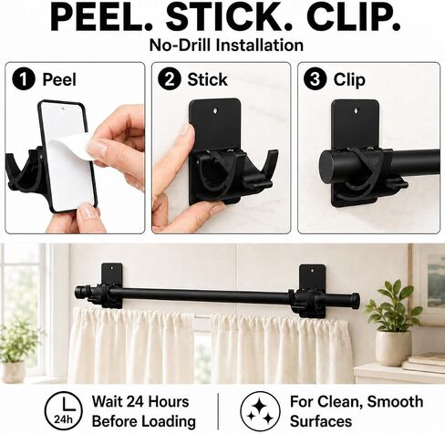 No Drill Curtain Rod Brackets 8 Pack, 20LB Heavy Duty Self Adhesive Renter Friendly Curtain Rod Holders, Curtain Rods No Drilling Black Fits 0.55-1.2 in, Apartment Dorm Bathroom RV Over Blinds in Kuwait