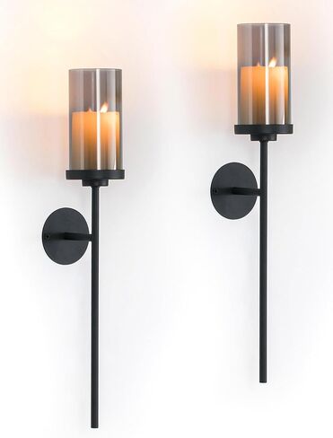 Black Wall Candle Holder Decor: 22 Inch Metal Long Candle Sconces with Smokey Grey Hurricane Modern Minimalist Decoration for Hallway Living Room Beside Fireplace TV in Kuwait