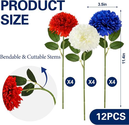 Yunfan 4th of July Decorations Patriotic Decor 12Pcs Artificial Flowers Red White and Blue for Independence Memorial Veterans Labor Fourth of July Home Party Centerpiece Vase in Saudi Arabia