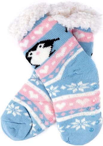 Girls' Youth Penguin Plush Fuzzy Sherpa Slipper Socks - Baby Blue Baby Pink in Saudi Arabia