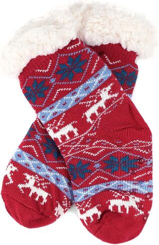 Girls' Youth Snowflakes and Reindeer Plush Fuzzy Sherpa Slipper Socks - Red in Saudi Arabia
