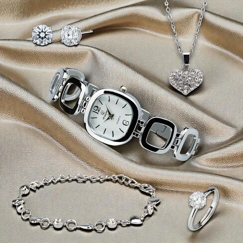 Gift Set Women's Watch Silver- Jewelry Set- Necklace-Ring- Earrings - Band in Saudi Arabia