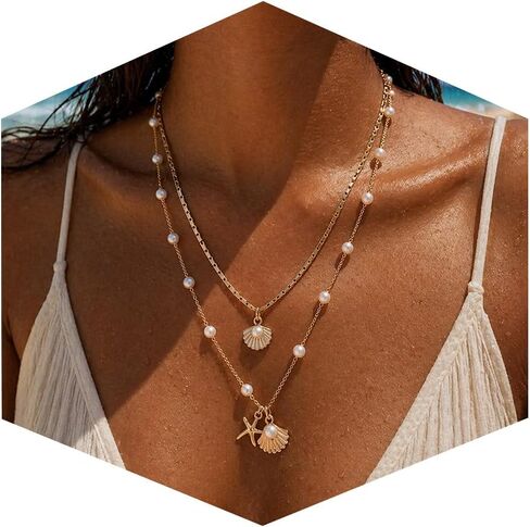 Shell Starfish Necklace for Women Gold Tone Layered Beach Jewelry Pearl Seashell Charm Adjustable Coastal Necklace for Summer Vacation Outfits Gifts in Kuwait