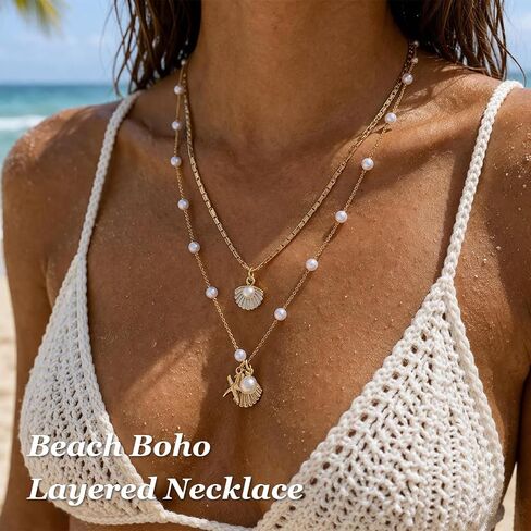Shell Starfish Necklace for Women Gold Tone Layered Beach Jewelry Pearl Seashell Charm Adjustable Coastal Necklace for Summer Vacation Outfits Gifts in Kuwait