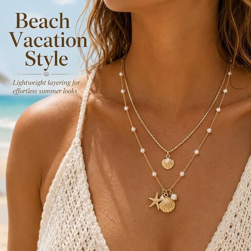 Shell Starfish Necklace for Women Gold Tone Layered Beach Jewelry Pearl Seashell Charm Adjustable Coastal Necklace for Summer Vacation Outfits Gifts in Kuwait