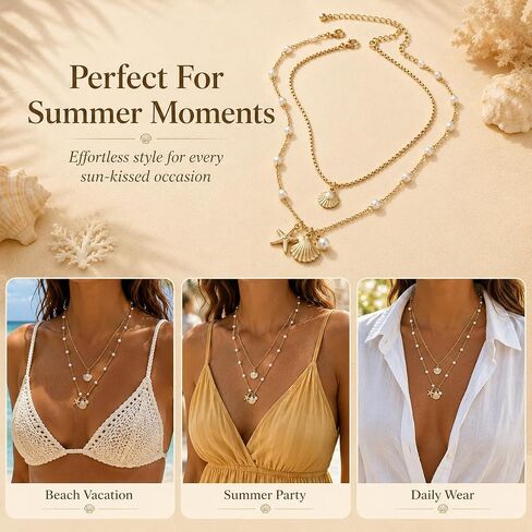 Shell Starfish Necklace for Women Gold Tone Layered Beach Jewelry Pearl Seashell Charm Adjustable Coastal Necklace for Summer Vacation Outfits Gifts in Kuwait