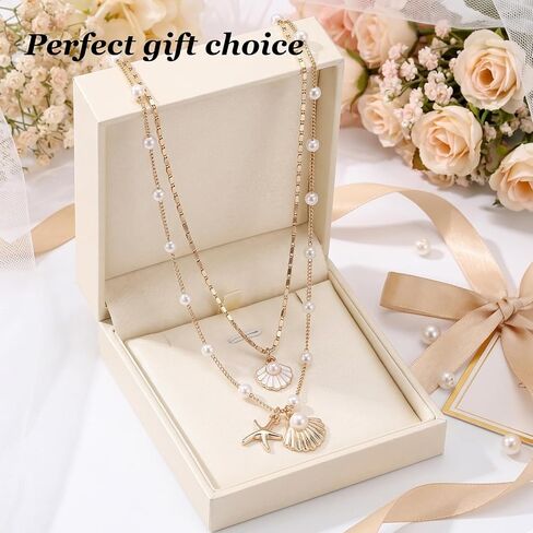 Shell Starfish Necklace for Women Gold Tone Layered Beach Jewelry Pearl Seashell Charm Adjustable Coastal Necklace for Summer Vacation Outfits Gifts in Kuwait