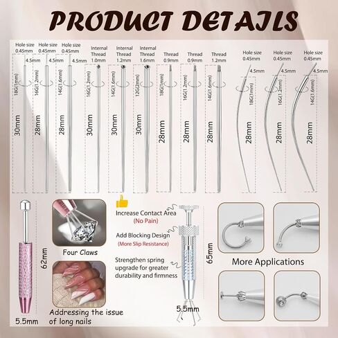 14G 16G 18G 20G Piercing Taper Ball Grabber Tool for Changing Jewelry - Stainless Steel Flat Back Earring Tool Threader Threadless Insertion Pin Body Piercing Needles Kit for Ear Nose Lip Tongue Navel in Kuwait