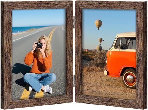 Vittanly 5x7 Double Picture Frame, Hinged 2 Opening MDF Photo Frames with Plexiglass, Vertical Tabletop Stand, Black in Saudi Arabia